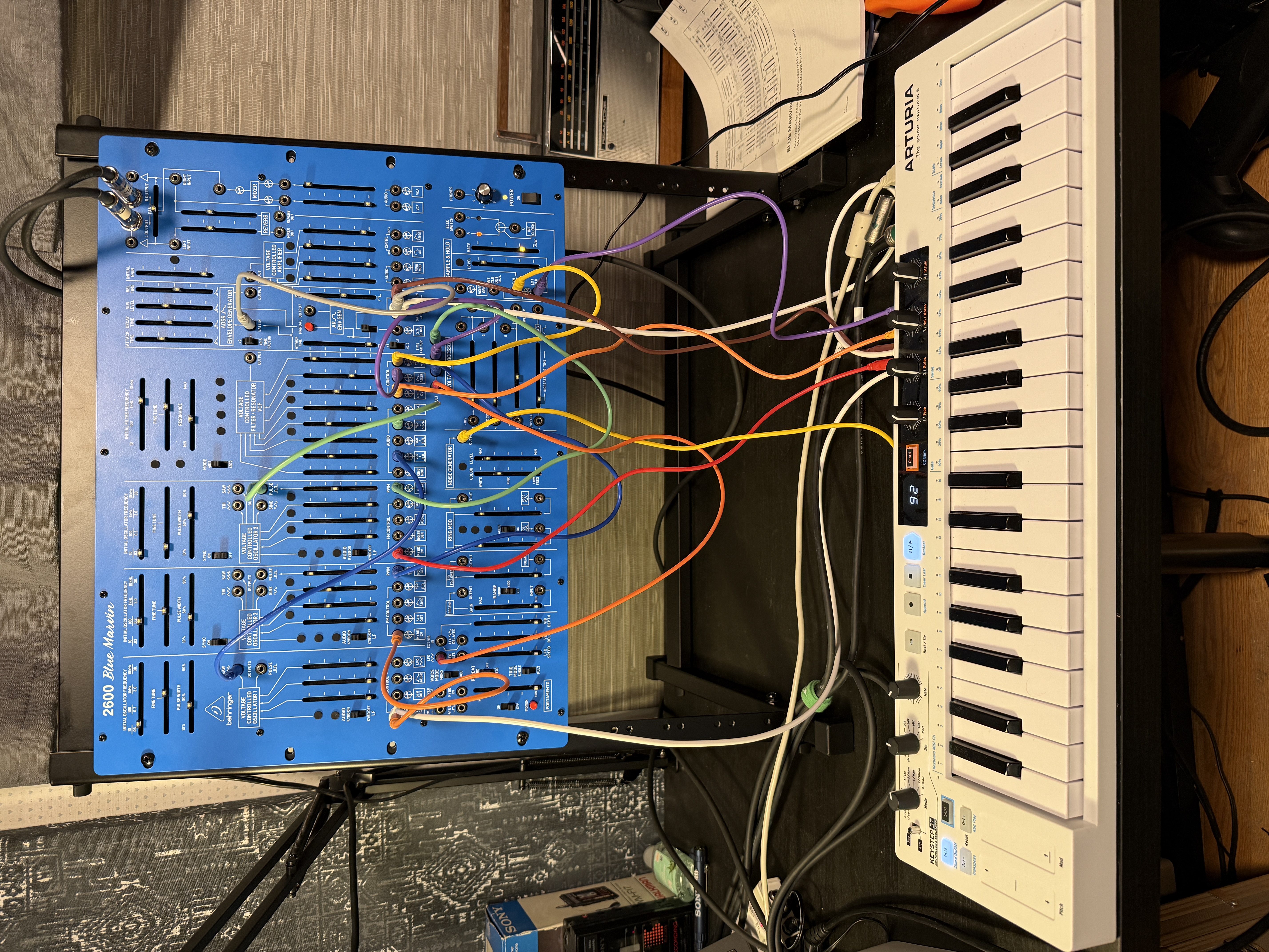 Behringer 2600 "Blue Marvin" semi-modular synthesizer in rack above Arturia Keystep 37 MIDI/CV controller keyboard
